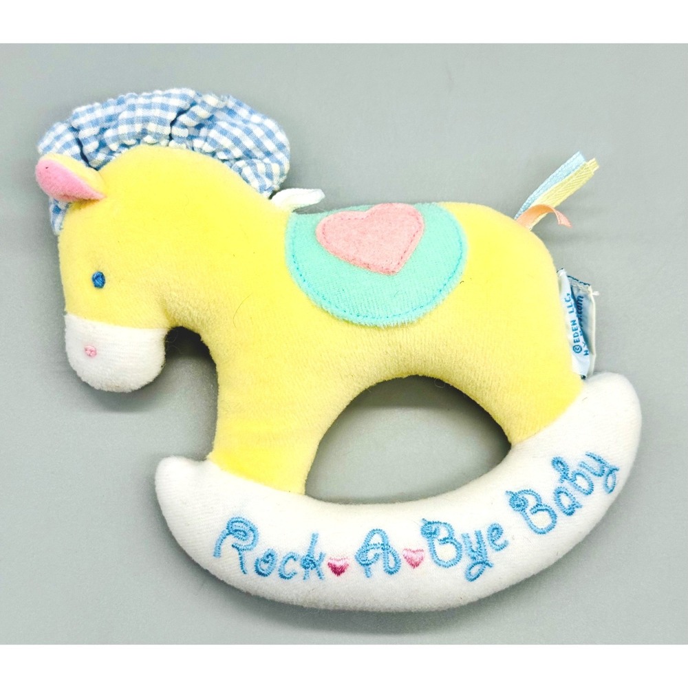Eden Rock A Bye‎ Baby Rocking Horse Rattle Plush Yellow Blue Gingham Heart